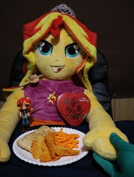 Size: 1823x2403 | Tagged: safe, artist:lavim, ray, sunset shimmer, oc, oc:anon, equestria girls, g4, cheetos, chips, crown, cute, doll, doritos, engagement ring, equestria girls minis, food, happy, holding hands, holiday, hot pocket, hotpockets, irl, jewelry, photo, plushie, regalia, toy, valentine's day, waifu dinner