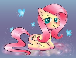 Size: 2347x1805 | Tagged: safe, artist:angelicartistgirl, fluttershy, butterfly, pegasus, pony, g4, anatomically incorrect, blushing, colored pupils, cute, female, heart eyes, incorrect leg anatomy, ponyloaf, prone, shyabetes, solo, wingding eyes