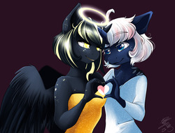 Size: 1280x974 | Tagged: safe, artist:athyess, oc, oc only, oc:astral umbra, oc:lapiz, alicorn, unicorn, anthro, alicorn oc, clothes, duo, eye contact, female, halo, heart, heart hands, looking at each other, unicorn oc