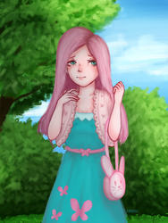 Size: 1200x1600 | Tagged: safe, artist:ranmiru, fluttershy, human, g4, clothes, cute, dress, female, humanized, shyabetes, solo, tree