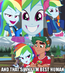 Size: 600x676 | Tagged: safe, edit, edited screencap, screencap, princess celestia, princess luna, principal celestia, rainbow dash, timber spruce, vice principal luna, equestria girls, g4, get the show on the road, my little pony equestria girls: legend of everfree, my little pony equestria girls: rainbow rocks, my little pony equestria girls: summertime shorts, pinkie on the one, best human, camp everfree logo, camp everfree outfits, caption, cropped, crossed arms, female, grin, image macro, impact font, male, rainbow dash is best facemaker, rainbow sass, rapper dash, smiling, text