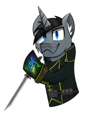 Size: 3000x4000 | Tagged: safe, artist:thesignedpainter, oc, oc only, oc:ink splatter, pony, unicorn, assassin, belt buckle, black hair, blue eyes, cheek fluff, corvo, corvo attano, crossover, dishonored, ear fluff, facial hair, horn, ink, magic, male, mark of the outsider, simple background, solo, stallion, sword, tattoo, transparent background, video game, weapon