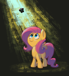 Size: 1404x1551 | Tagged: safe, artist:docwario, fluttershy, butterfly, pegasus, pony, g4, crepuscular rays, female, looking at something, looking up, smiling, solo, spread wings, standing, three quarter view, wings