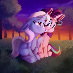 Size: 2000x2000 | Tagged: safe, artist:discorded, starlight glimmer, trixie, pony, unicorn, g4, :3, :t, cute, diatrixes, duo, duo female, ear fluff, eye contact, female, floppy ears, glimmerbetes, grass, high res, leg fluff, lesbian, lidded eyes, looking at each other, mare, raised hoof, scenery, ship:startrix, shipping, sitting, smiling, sunset, tree