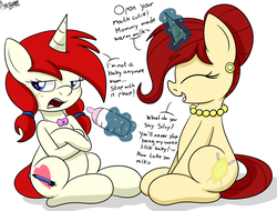 Size: 3113x2370 | Tagged: safe, artist:an-tonio, oc, oc only, oc:golden brooch, oc:silver draw, pony, unicorn, baby bottle, dialogue, female, mother, mother and daughter, mothers gonna mother, pacifier, simple background, unamused, white background
