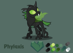 Size: 1100x800 | Tagged: safe, artist:lightning stripe, derpibooru exclusive, oc, oc only, oc:phylaxis, changeling, g4, black, changeling oc, fangs, green, green background, green changeling, green eyes, horn, male, reference sheet, show accurate, simple background, solo, wings