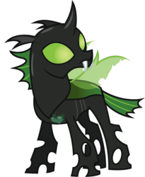 Size: 492x601 | Tagged: safe, artist:lightning stripe, derpibooru exclusive, oc, oc only, oc:phylaxis, changeling, g4, black, changeling oc, fangs, green, green changeling, green eyes, horn, male, show accurate, simple background, solo, transparent background, wings