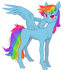 Size: 2294x2615 | Tagged: safe, artist:leechetious, rainbow dash, pegasus, pony, g4, female, high res, looking at you, mare, missing cutie mark, signature, simple background, solo, spread wings, transparent background, wings