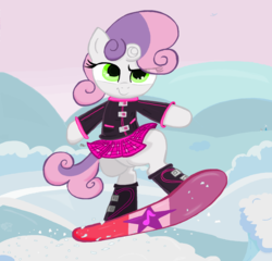 Size: 1766x1692 | Tagged: safe, artist:sallycars, sweetie belle, pony, g4, bipedal, boots, clothes, female, jacket, midair, miniskirt, ms paint, plaid skirt, pleated skirt, shoes, skirt, smiling, snow, snowboard, snowboarding, solo