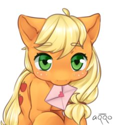 Size: 654x712 | Tagged: safe, artist:aquoquoo, applejack, earth pony, pony, g4, cute, eyebrows, eyebrows visible through hair, freckles, hatless, heart eyes, jackabetes, letter, love letter, missing accessory, mouth hold, simple background, transparent background, wingding eyes
