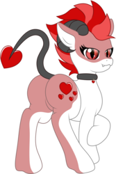 Size: 1044x1566 | Tagged: safe, artist:mewio, oc, oc only, oc:amorette, pony, butt, collar, demon horns, female, heart, hearts and hooves day, horns, plot, solo, tooth