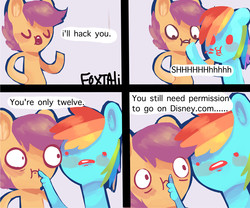Size: 8609x7153 | Tagged: safe, artist:foxtali, rainbow dash, scootaloo, pony, g4, :i, absurd resolution, comic, dialogue, dot eyes, eyes closed, meme, ponified, ponified meme, shhh, speech bubble, suddenly hands