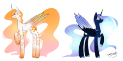 Size: 4098x2048 | Tagged: safe, artist:summer-cascades, princess celestia, princess luna, alicorn, pony, g4, curved horn, cutie mark, duo, hooves, horn, redesign, wings