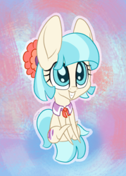 Size: 1000x1400 | Tagged: safe, artist:litrojia, coco pommel, earth pony, pony, g4, abstract background, big ears, chibi, cocobetes, colored pupils, cute, female, grin, looking up, mare, pointy ponies, sitting, smiling, solo, squee
