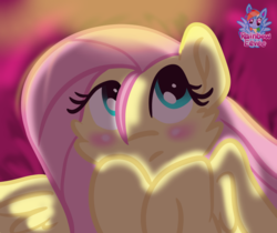 Size: 1140x959 | Tagged: safe, artist:rainbow eevee, fluttershy, pegasus, pony, g4, bed, blushing, cheek fluff, cute, female, hooves to the chest, looking away, looking up, mare, night, shadow, solo, spread wings, stray strand, wings