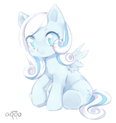 Size: 1068x1131 | Tagged: safe, artist:aquoquoo, oc, oc only, oc:snowdrop, pegasus, pony, cute, eye clipping through hair, female, filly, simple background, sitting, snowbetes, solo, transparent background