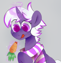 Size: 994x1024 | Tagged: safe, artist:incubugs, oc, oc only, pony, unicorn, carrot, clothes, colored pupils, eating, female, food, gray background, heart eyes, herbivore, magic, mare, scarf, simple background, solo, telekinesis, tongue out, wingding eyes