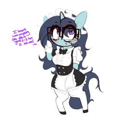 Size: 3500x3500 | Tagged: safe, artist:fullmetalpikmin, oc, oc only, oc:insatiable void, pony, semi-anthro, arm hooves, bipedal, clothes, dialogue, female, glasses, high res, maid, maid headdress, mare, milf, simple background, solo, white background