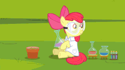 Size: 640x360 | Tagged: safe, edit, edited screencap, editor:lolledits, screencap, alula, apple bloom, aquamarine, aura (g4), boysenberry, cotton cloudy, diamond tiara, dinky hooves, first base, gallop j. fry, noi, peach fuzz, pluto, silver spoon, super funk, sweetie belle, train tracks (g4), truffle shuffle, twist, earth pony, pegasus, pony, unicorn, g4, twilight time, animated, apple, clothes, erlenmeyer flask, female, filly, food, giant apple, gif, goggles, lab coat, map of equestria, science, that pony sure does love apples, wat, what has science done, xk-class end-of-the-world scenario