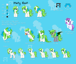 Size: 3920x3298 | Tagged: safe, oc, oc only, oc:minty root, oc:snow kicker, bat pony, pegasus, pony, unicorn, badge, bow, con badge, evolution chart, female, high res, mare, pokémon, reference sheet, show accurate, wet mane