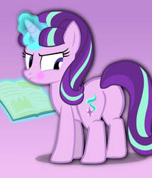 Size: 686x800 | Tagged: safe, starlight glimmer, pony, unicorn, g4, blushing, book, butt, cute, female, glimmer glutes, glimmerbetes, glowing horn, gradient background, horn, looking back, magic, mare, plot, s5 starlight, solo, telekinesis