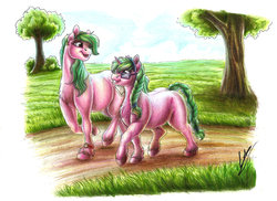 Size: 2873x2088 | Tagged: safe, artist:lupiarts, oc, earth pony, pony, unicorn, belly, belly button, chubby, fat, female, glass, glasses, high res, mare, park, pregnant, road, sisters, traditional art, tree, walking, watch