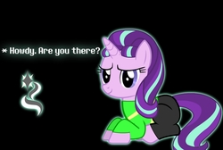 Size: 1211x816 | Tagged: safe, artist:mrvector, derpibooru exclusive, starlight glimmer, pony, g4, asriel dreemurr, black background, clothes, crossover, female, mare, s5 starlight, simple background, solo, stariel gleemurr, text, undertale