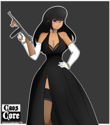 Size: 3500x4000 | Tagged: safe, artist:caoscore, octavia melody, human, g4, bracelet, breasts, busty octavia melody, chicago typewriter, choker, cleavage, clothes, dress, drum magazine, evening dress, evening gloves, female, gloves, gun, humanized, jewelry, long gloves, m1921, mafia, mafia octavia, moderate dark skin, necklace, pearl necklace, side slit, solo, stockings, submachinegun, thigh highs, tommy gun, total sideslit, weapon