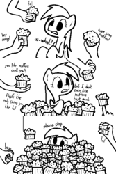 Size: 500x750 | Tagged: safe, artist:dinoderpy, derpy hooves, human, pony, g4, comic, flanderization, food, lmao, lol, monochrome, muffin, offscreen character, offscreen human