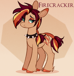 Size: 625x640 | Tagged: safe, artist:sararini, oc, oc only, oc:firecracker, earth pony, pony, abstract background, choker, female, hairband, lidded eyes, looking at you, mare, signature, solo, spiked choker, unshorn fetlocks
