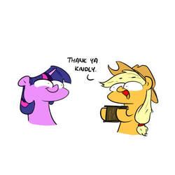 Size: 500x500 | Tagged: safe, artist:dinoderpy, applejack, twilight sparkle, pony, g4, askbugeyedtwi, thank you