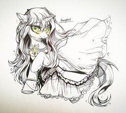 Size: 1280x1149 | Tagged: safe, artist:swaybat, oc, oc only, pony, unicorn, clothes, dress, female, long mane, looking at you, mare, sketch, solo