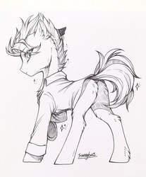Size: 1058x1280 | Tagged: safe, artist:swaybat, oc, oc only, earth pony, pony, clothes, looking at you, looking back, looking back at you, male, sketch, solo, stallion