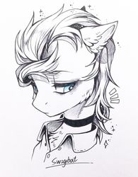 Size: 976x1249 | Tagged: safe, artist:swaybat, oc, oc only, pony, bust, cheek fluff, chest fluff, choker, clothes, ear fluff, floppy ears, lidded eyes, lineart, male, partial color, portrait, signature, simple background, sketch, solo, stallion, white background