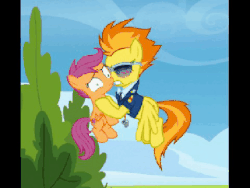 Size: 480x360 | Tagged: safe, edit, edited screencap, screencap, scootaloo, spitfire, bird, chicken, pegasus, pony, g4, the washouts (episode), abuse, animated, annoyed, behaving like a bird, behaving like a chicken, caption, clothes, context in description, cropped, female, gif, gif with captions, holding a pony, image macro, meme, ron the death eater, scootabuse, scootachicken, shake, shitposting, shrunken pupils, spitfire's tie, sunglasses, text, uniform, wonderbolts dress uniform