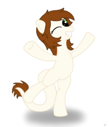 Size: 952x1117 | Tagged: safe, artist:dafiltafish, oc, oc only, oc:whisper softbottom, pony, bipedal, female, one eye closed, simple background, solo, standing, standing on one leg, teeth, white background, wink