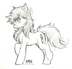 Size: 1280x1219 | Tagged: safe, artist:swaybat, oc, oc only, oc:kate, pony, unicorn, chest fluff, cute, ear fluff, eye clipping through hair, eyebrows, eyebrows visible through hair, female, leg fluff, looking at you, mare, monochrome, pencil drawing, raised hoof, simple background, sketch, smiling, solo, traditional art, white background
