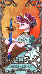 Size: 822x1425 | Tagged: safe, artist:sourcherry, oc, oc only, pony, unicorn, choker, clothes, dress, female, flower, flower in hair, hoof hold, jewelry, lidded eyes, looking at you, mare, smiling, smug, solo, spade, sword, tarot, tarot card, tiara, weapon