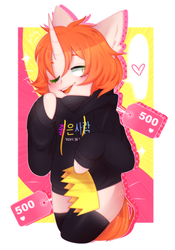 Size: 1509x2154 | Tagged: safe, artist:nightyum, oc, oc only, oc:etoz, unicorn, anthro, abstract background, anthro oc, blushing, clothes, commission, crown, cute, fangs, female, heart, hoodie, jewelry, mare, one eye closed, open mouth, orange hair, orange mane, regalia, short hair, short mane, short tail, solo, stockings, thigh highs, wink, ych result