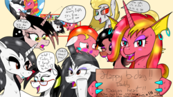 Size: 1024x576 | Tagged: safe, artist:susanzx2000, oc, cyborg, hippogriff, pony, birthday, party, present