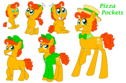 Size: 1024x674 | Tagged: safe, artist:crazynutbob, oc, oc:pizza pockets, pony, adult, baby, boater, bowtie, cap, clothes, colt, diaper, foal, freckles, grin, growing up, hat, jacket, male, offspring, parent:cheese sandwich, parent:pinkie pie, parents:cheesepie, propeller hat, smiling, stallion, teenager