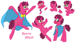 Size: 1024x594 | Tagged: safe, artist:crazynutbob, oc, oc:berry blast, pony, unicorn, baby, bowtie, cape, clothes, colt, diaper, excited, foal, growing up, jumping, male, offspring, parent:cheese sandwich, parent:pinkie pie, parents:cheesepie, stallion, teenager