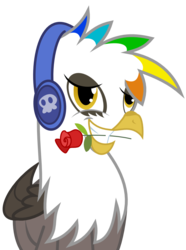 Size: 763x1026 | Tagged: safe, artist:chipmagnum, oc, oc only, oc:skoop coffe, griffon, g4, flower, headphones, mouth hold, rose, simple background, solo, transparent background, vector