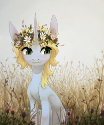 Size: 2027x2428 | Tagged: safe, artist:koviry, oc, oc only, oc:art's desire, pony, unicorn, floral head wreath, flower, high res, solo