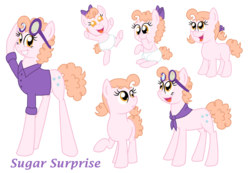 Size: 1024x710 | Tagged: safe, artist:crazynutbob, oc, oc:sugar surprise, pony, adult, baby, bandana, bow, button, clothes, diaper, female, filly, foal, goggles, growing up, hair bow, mare, neckerchief, offspring, parent:cheese sandwich, parent:pinkie pie, parents:cheesepie, pigtails, shirt, teenager