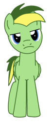 Size: 657x1599 | Tagged: safe, artist:didgereethebrony, oc, oc only, oc:didgeree, pegasus, pony, blue eyes, colored lineart, folded wings, frown, green coat, lidded eyes, looking at you, male, reupload, simple background, solo, spiky mane, spiky tail, stallion, standing, transparent background, two toned mane, two toned tail, unamused, updated, updated design, vector, wings