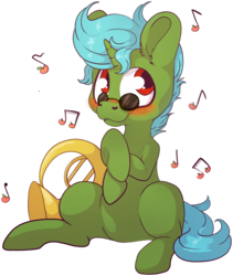 Size: 2850x3369 | Tagged: safe, artist:cutepencilcase, oc, oc:blue note, pony, commission, cute, french horn, green, green pony, high res, male, music notes, musical instrument, ocbetes, simple background, stallion, transparent background