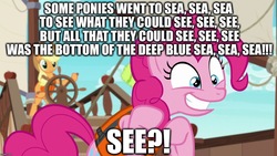 Size: 1280x720 | Tagged: source needed, safe, edit, edited screencap, screencap, applejack, pinkie pie, g4, my little pony: friendship is magic, ppov, season 6, caption, image macro, imgflip, impact font, smiling, song reference, text, veggietales