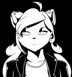 Size: 928x1000 | Tagged: safe, artist:synnibear03, oc, oc only, oc:kolby, cat, anthro, comic:ponytale, ahoge, anthro oc, barely pony related, black and white, black background, clothes, feline, frown, furry, furry oc, grayscale, jacket, leather jacket, long hair, male, monochrome, non-pony oc, shirt, simple background, slit pupils, solo