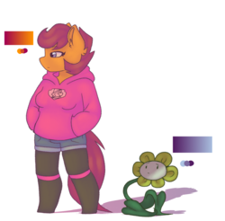 Size: 1000x984 | Tagged: safe, artist:synnibear03, scootaloo, oc, oc:ponytale scootaloo, pegasus, anthro, comic:ponytale, g4, breasts, clothes, color palette, crossover, duo, female, flower, flowey, frown, hand in pocket, hoodie, male, mare, shadow, shorts, simple background, standing, undertale, white background, wings